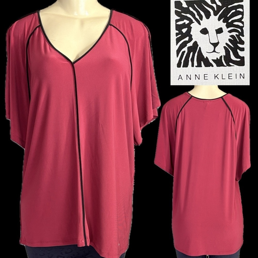 Anne Klein Womens +1X Cranberry V-Neck Black Piped Short Raglan Sleeve Blouse